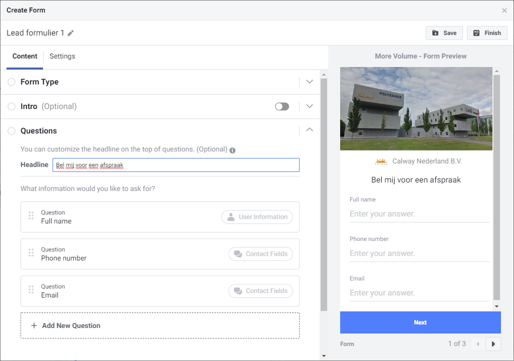 Facebook - create instant form